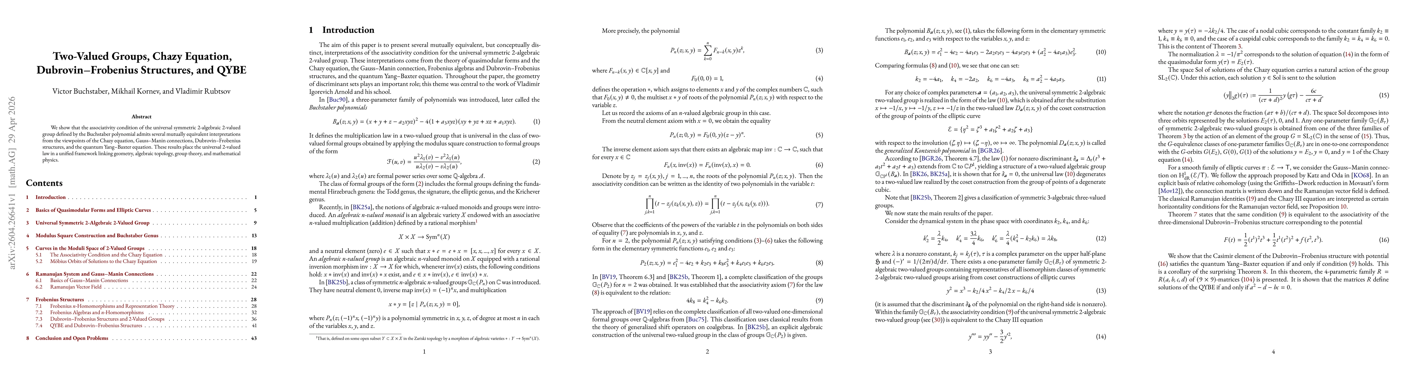 Thumbnail for Two-Valued Groups, Chazy Equation, Dubrovin-Frobenius Structures, and QYBE