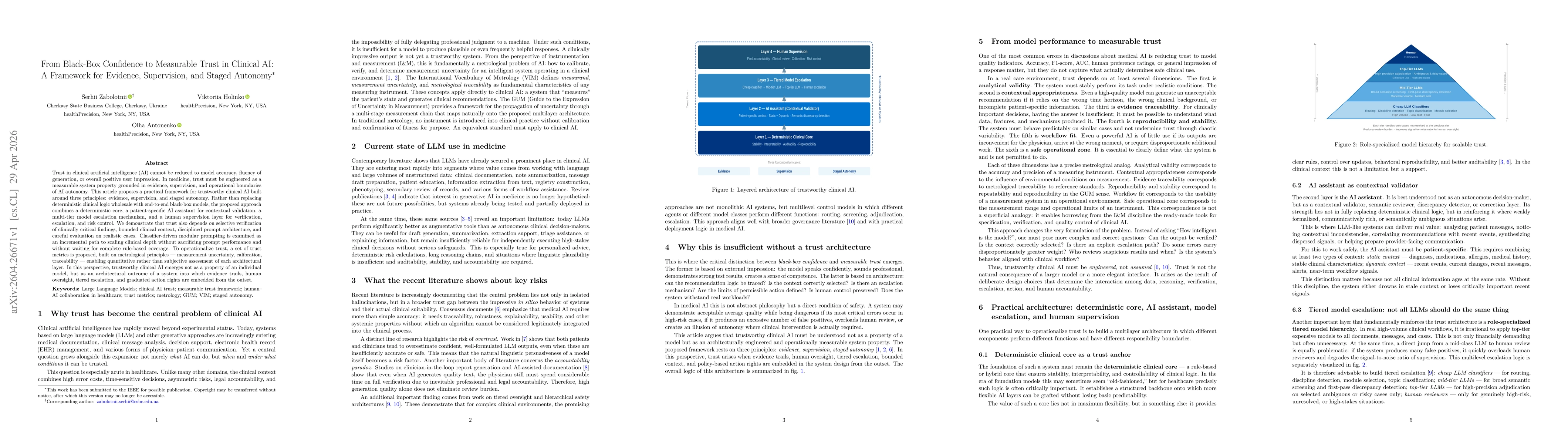 Thumbnail for From Black-Box Confidence to Measurable Trust in Clinical AI: A Framework for Evidence, Supervision, and Staged Autonomy