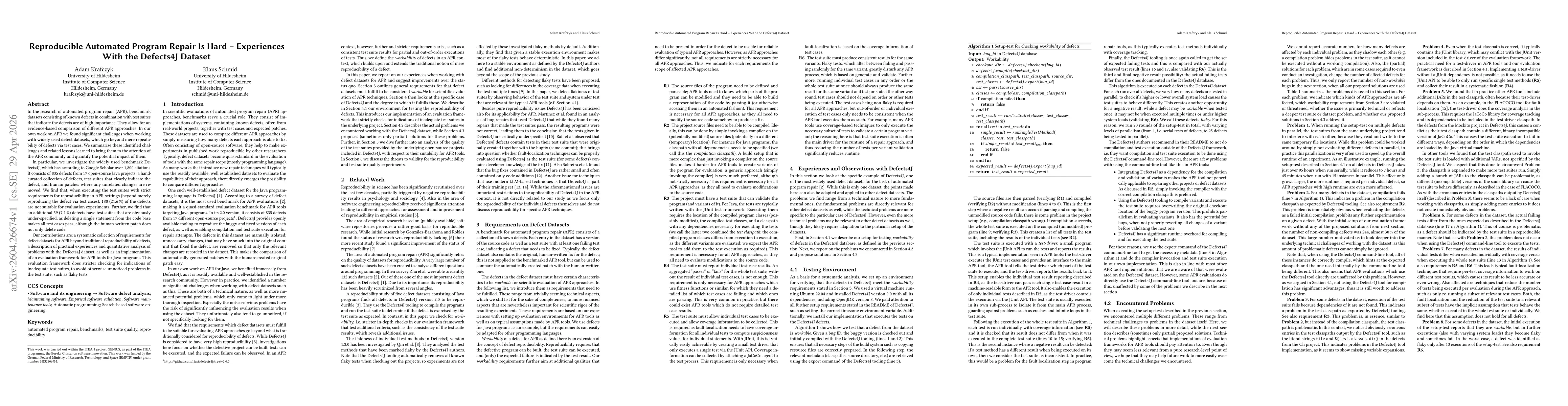 Thumbnail for Reproducible Automated Program Repair Is Hard -- Experiences With the Defects4J Dataset