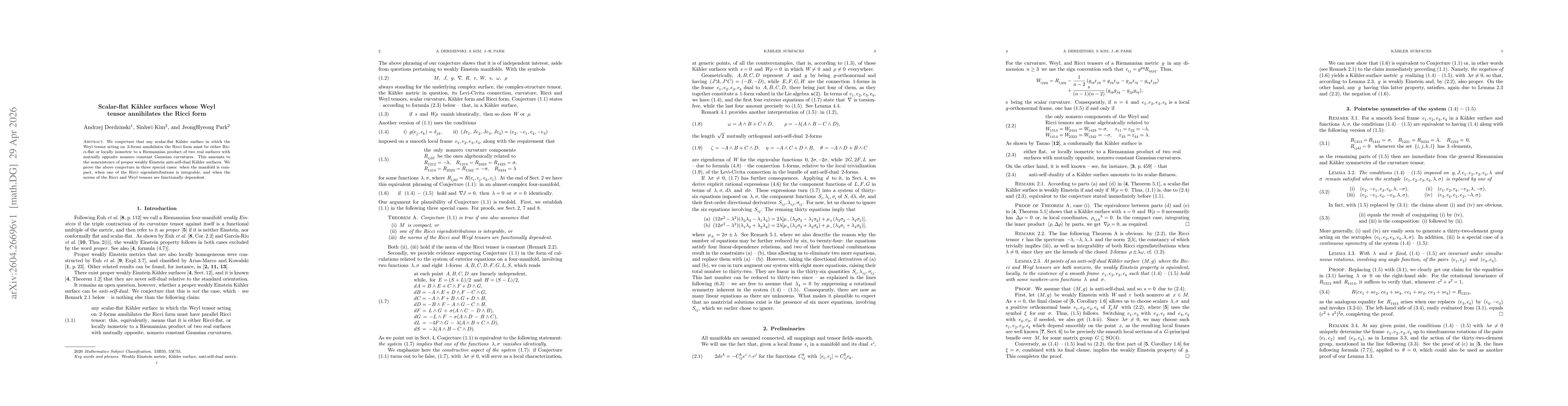Thumbnail for Scalar-flat Kähler surfaces whose Weyl tensor annihilates the Ricci form