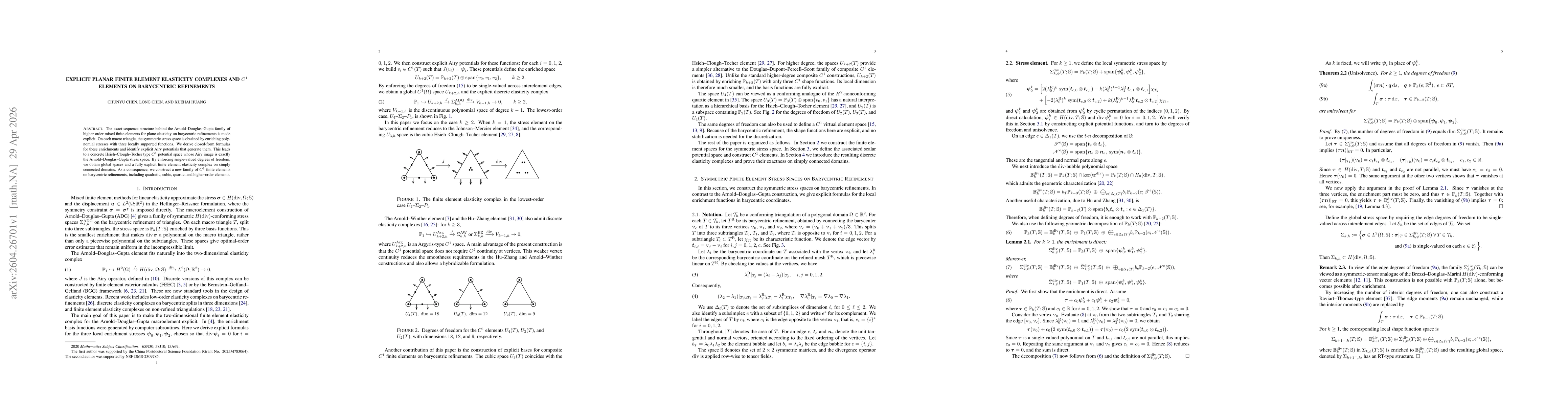 Thumbnail for Explicit Planar Finite Element Elasticity Complexes and $C^1$ Elements on Barycentric Refinements
