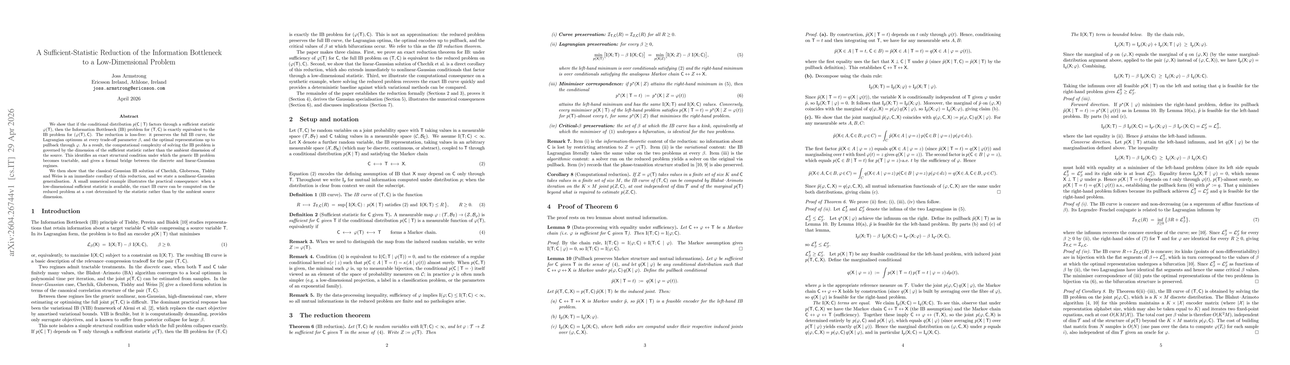 Thumbnail for A Sufficient-Statistic Reduction of the Information Bottleneck to a Low-Dimensional Problem