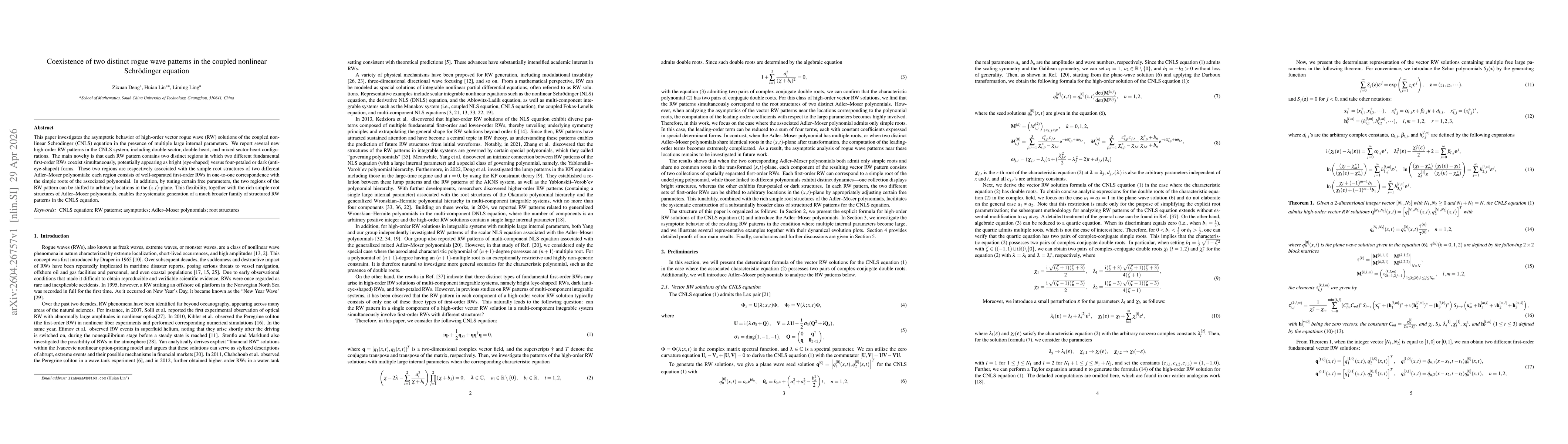 Thumbnail for Coexistence of two distinct rogue wave patterns in the coupled nonlinear Schrödinger equation