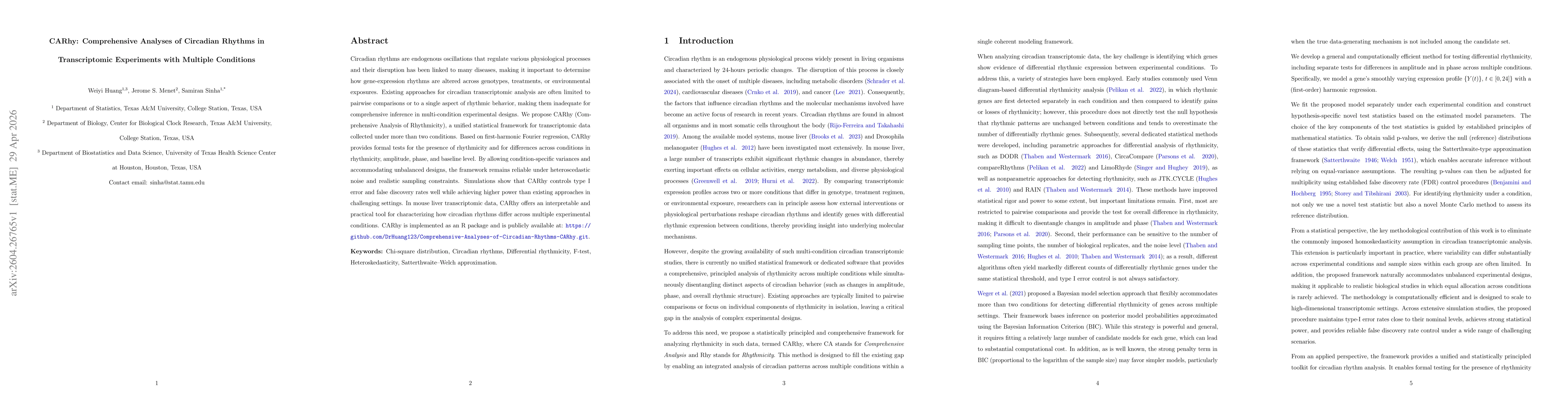 Thumbnail for CARhy: Comprehensive Analyses of Circadian Rhythms in Transcriptomic Experiments with Multiple Conditions