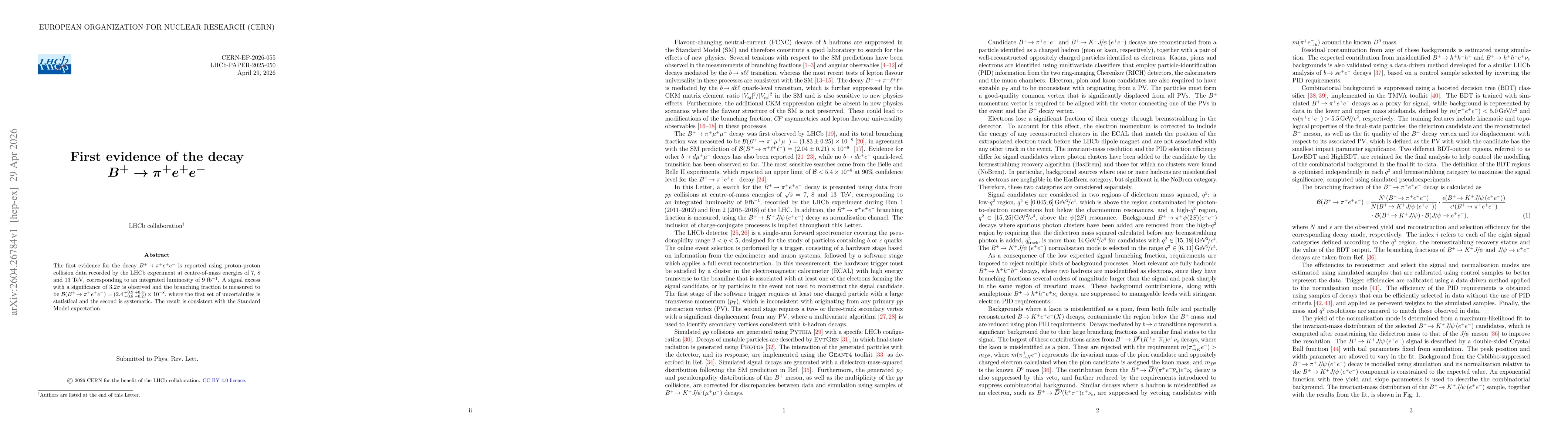 Thumbnail for First evidence of the decay $B^+\toπ^+ e^+ e^-$
