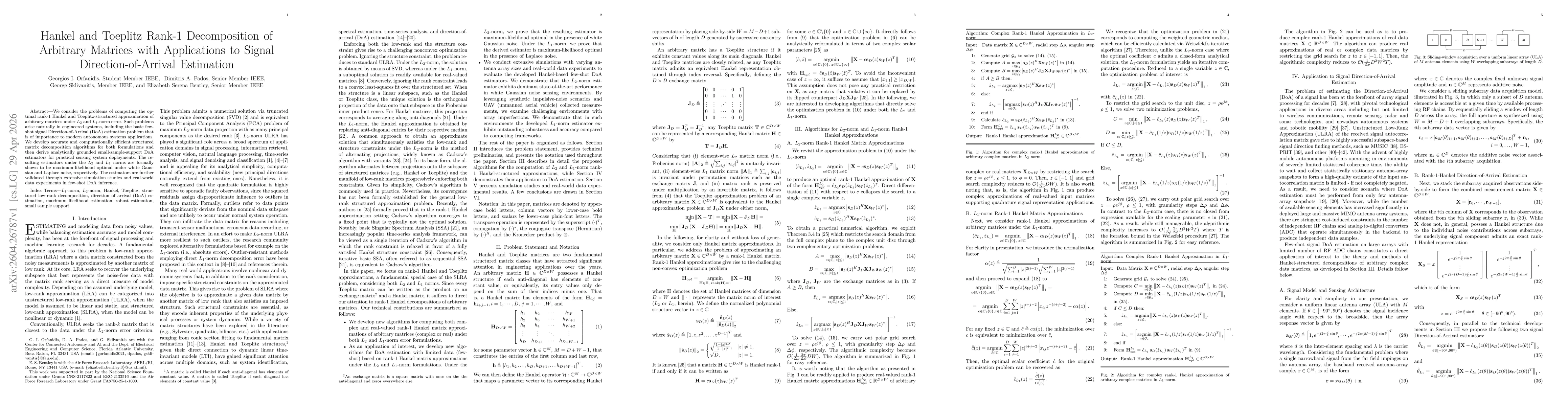 Thumbnail for Hankel and Toeplitz Rank-1 Decomposition of Arbitrary Matrices with Applications to Signal Direction-of-Arrival Estimation