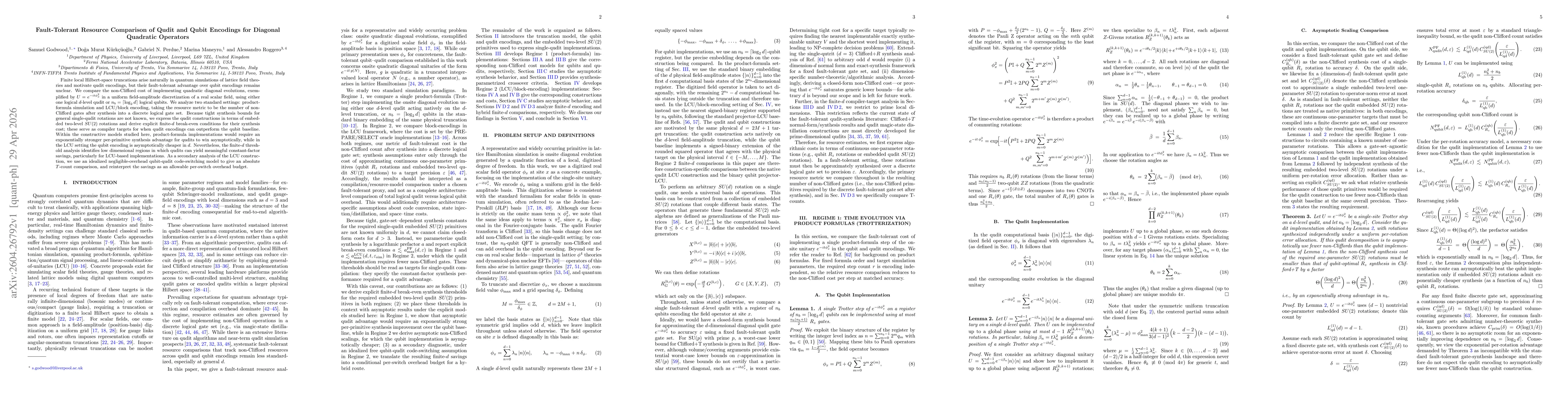 Thumbnail for Fault-Tolerant Resource Comparison of Qudit and Qubit Encodings for Diagonal Quadratic Operators