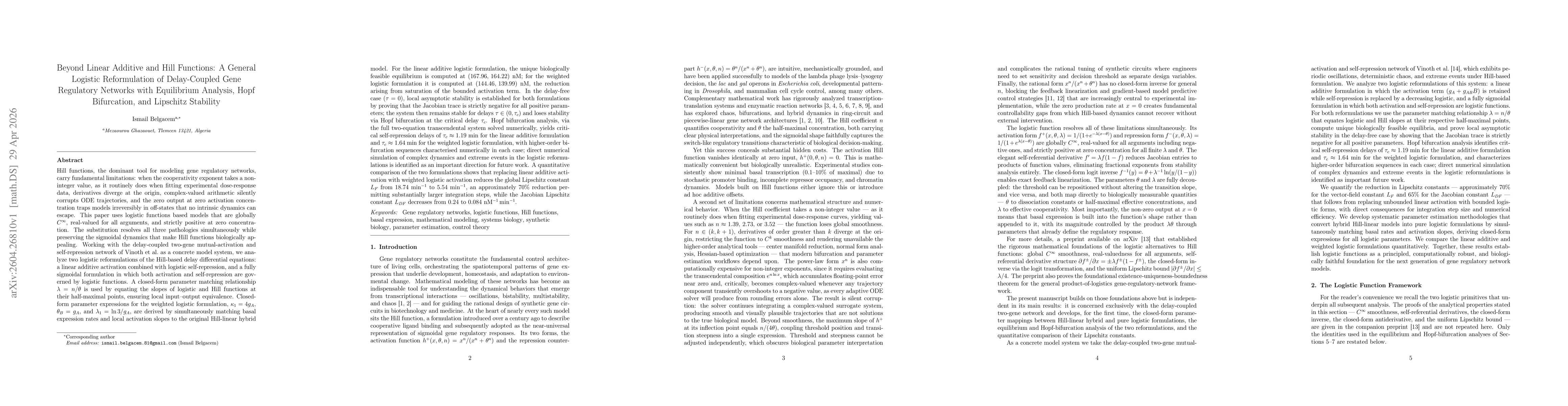 Thumbnail for Beyond Linear Additive and Hill Functions: A General Logistic Reformulation of Delay-Coupled Gene Regulatory Networks with Equilibrium Analysis, Hopf Bifurcation, and Lipschitz Stability