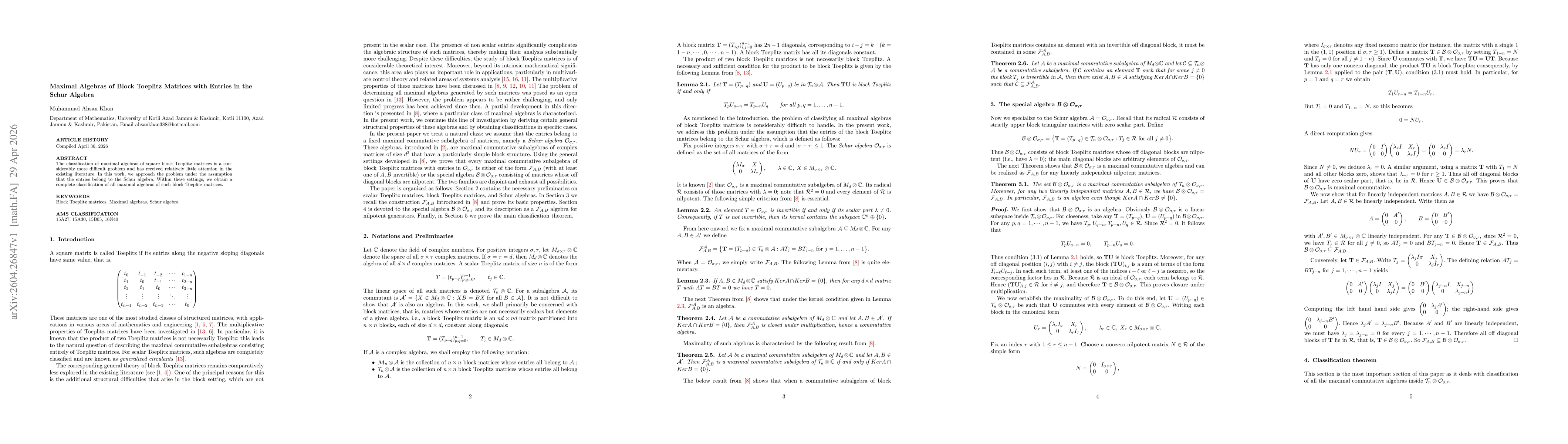 Thumbnail for Maximal Algebras of Block Toeplitz Matrices with Entries in the Schur Algebra