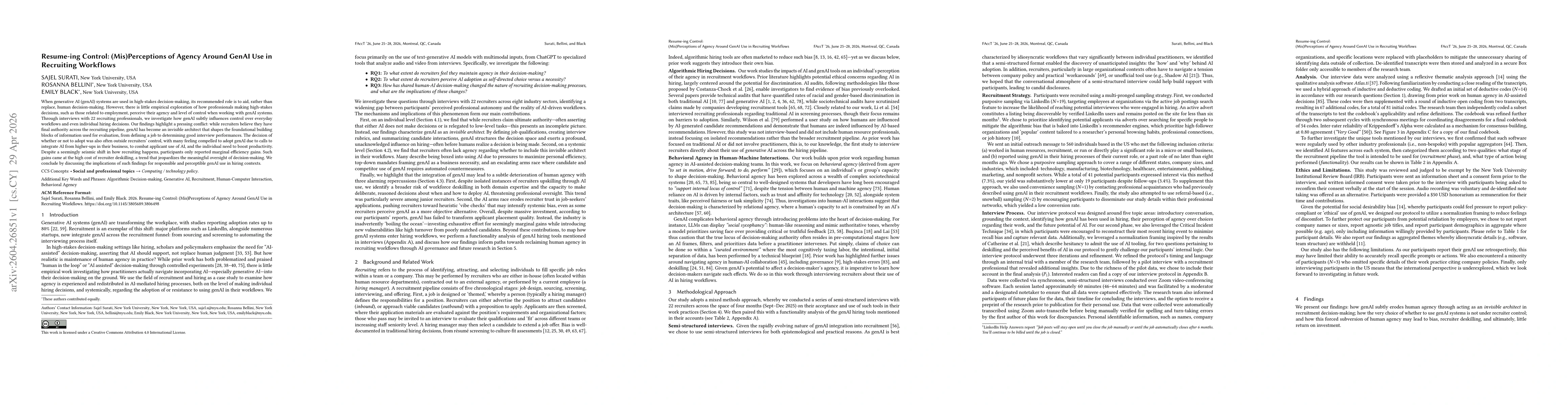 Thumbnail for Resume-ing Control: (Mis)Perceptions of Agency Around GenAI Use in Recruiting Workflows