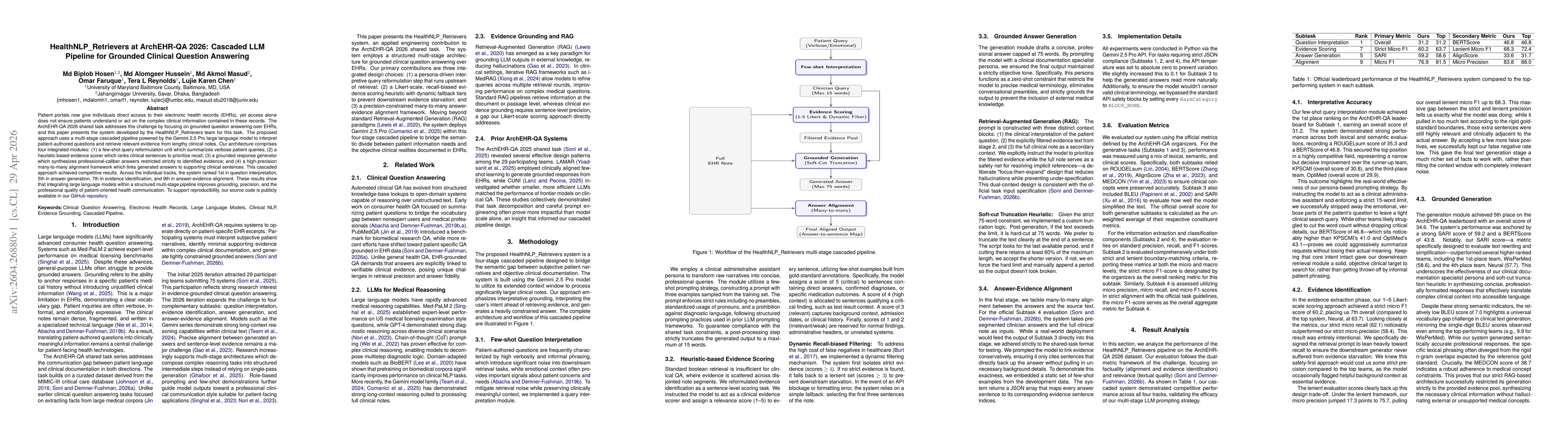 Thumbnail for HealthNLP_Retrievers at ArchEHR-QA 2026: Cascaded LLM Pipeline for Grounded Clinical Question Answering