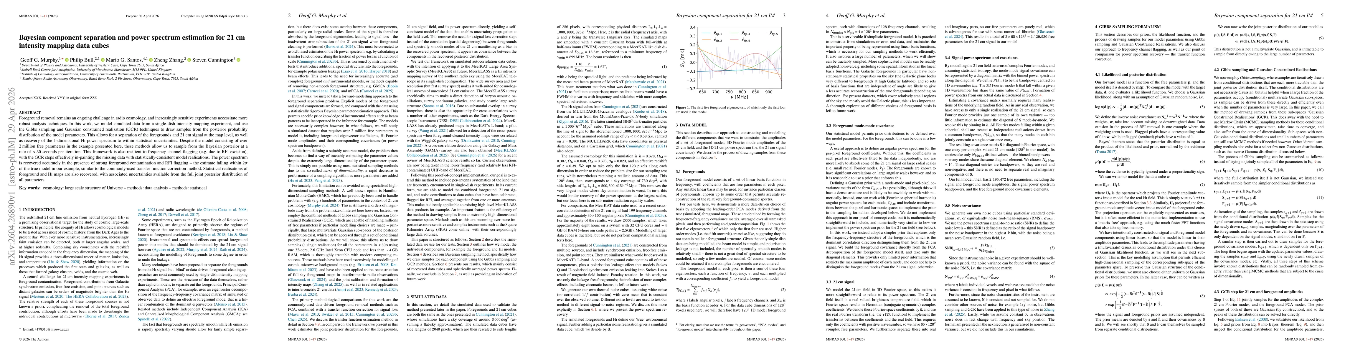Thumbnail for Bayesian component separation and power spectrum estimation for 21 cm intensity mapping data cubes