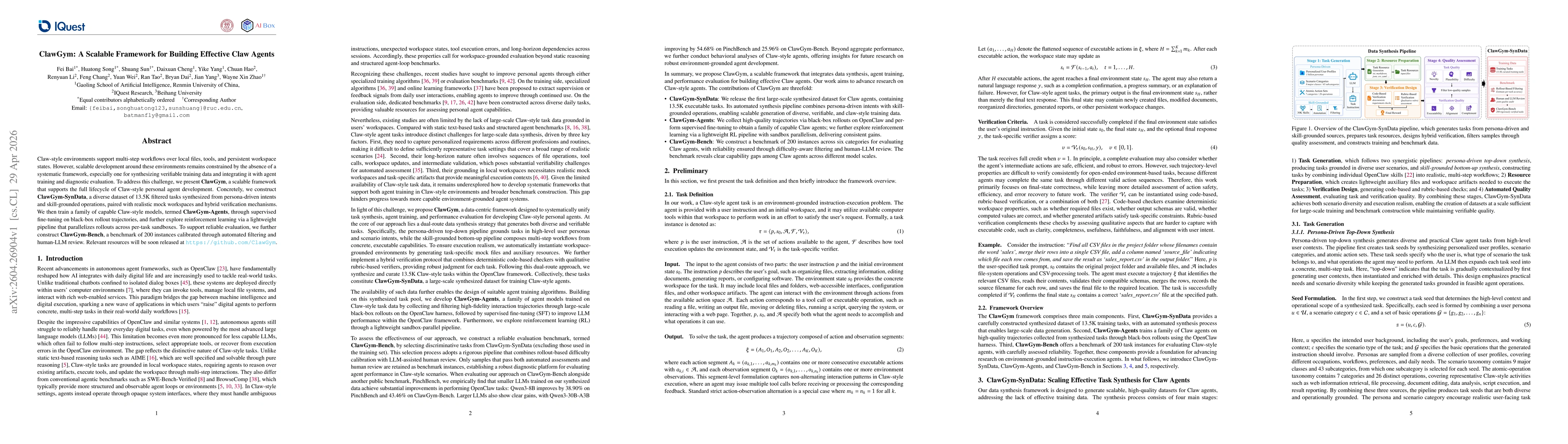 Thumbnail for ClawGym: A Scalable Framework for Building Effective Claw Agents