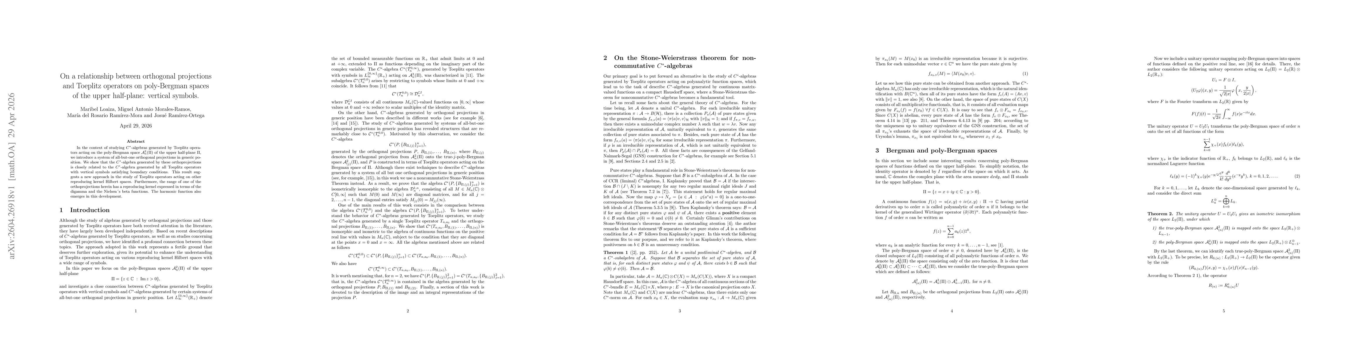 Thumbnail for On a relationship between orthogonal projections and Toeplitz operators on poly-Bergman spaces of the upper half-plane: vertical symbols