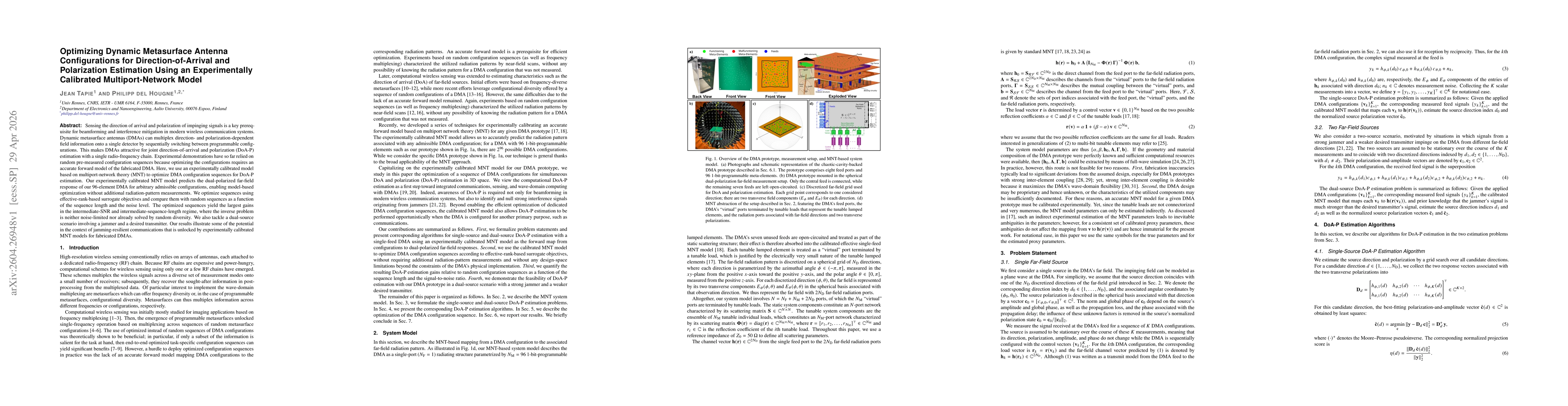 Thumbnail for Optimizing Dynamic Metasurface Antenna Configurations for Direction-of-Arrival and Polarization Estimation Using an Experimentally Calibrated Multiport-Network Model