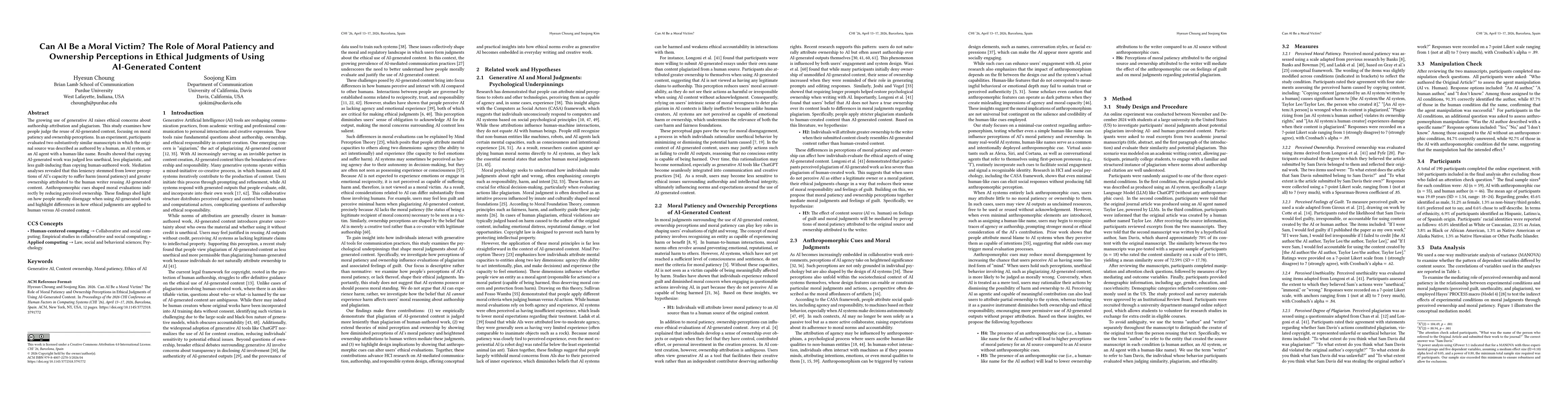 Thumbnail for Can AI be a moral victim? The role of moral patiency and ownership perceptions in ethical judgments of using AI-generated content