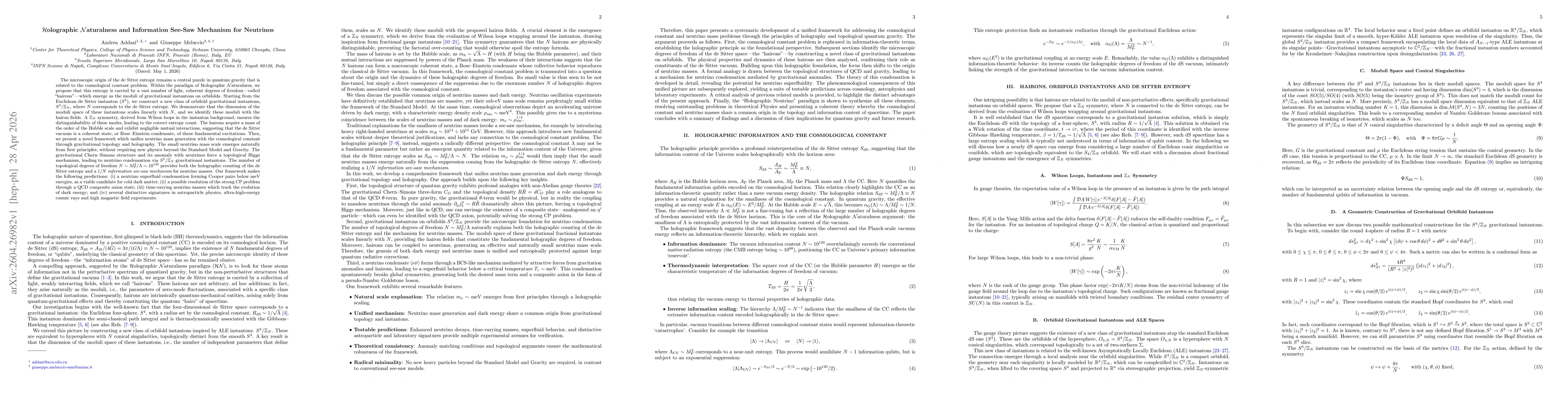 Thumbnail for $\mathcal{H}$olographic $\mathcal{N}$aturalness and Information See-Saw Mechanism for Neutrinos