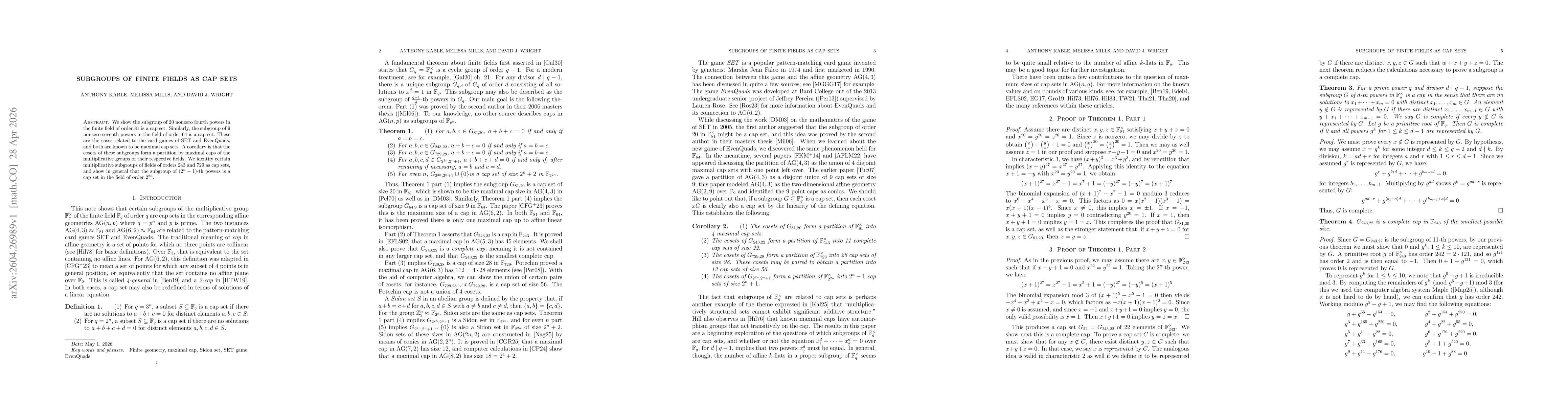 Thumbnail for Subgroups of Finite Fields As Cap Sets