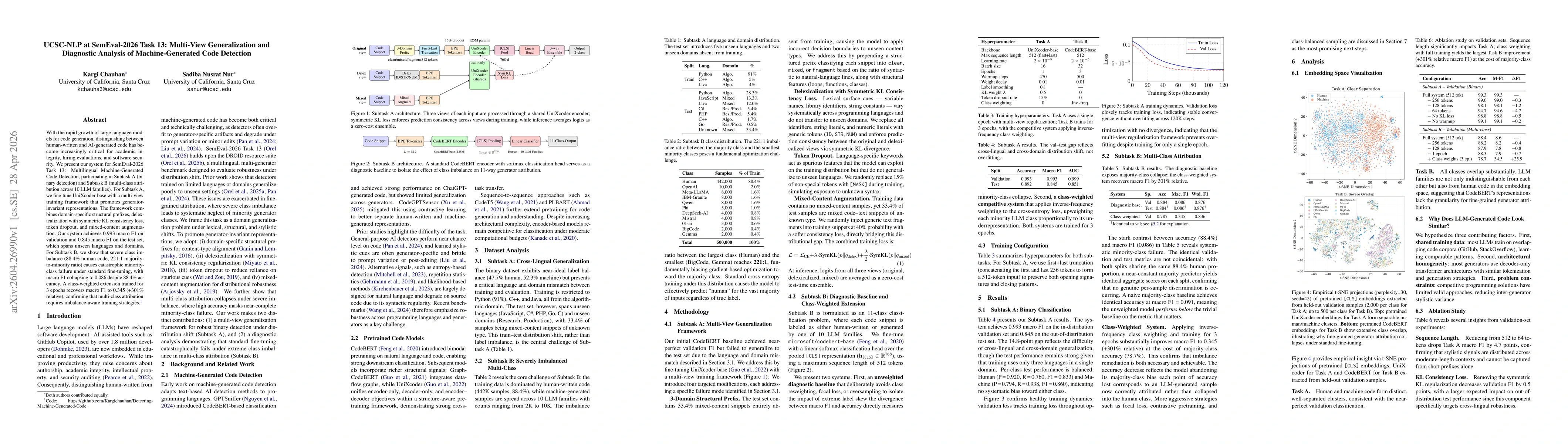 Thumbnail for UCSC-NLP at SemEval-2026 Task 13: Multi-View Generalization and Diagnostic Analysis of Machine-Generated Code Detection