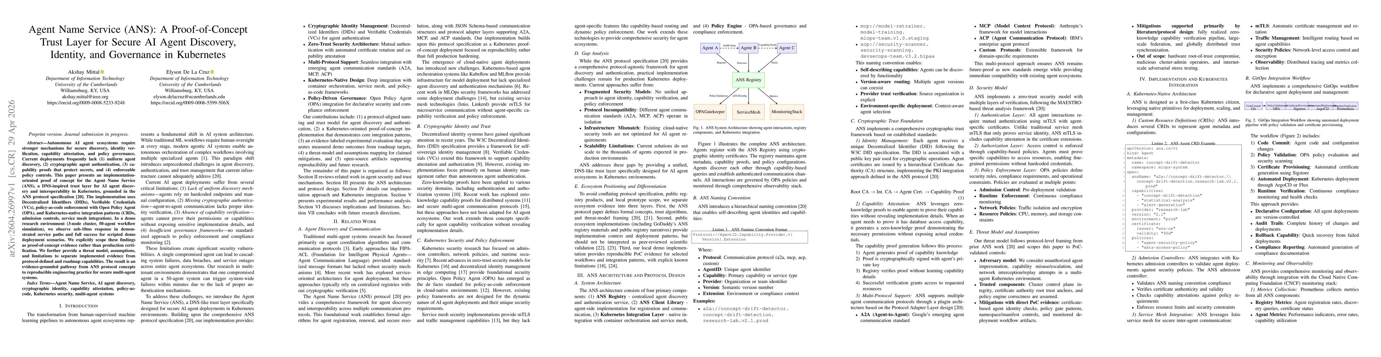 Thumbnail for Agent Name Service (ANS): A Proof-of-Concept Trust Layer for Secure AI Agent Discovery, Identity, and Governance in Kubernetes