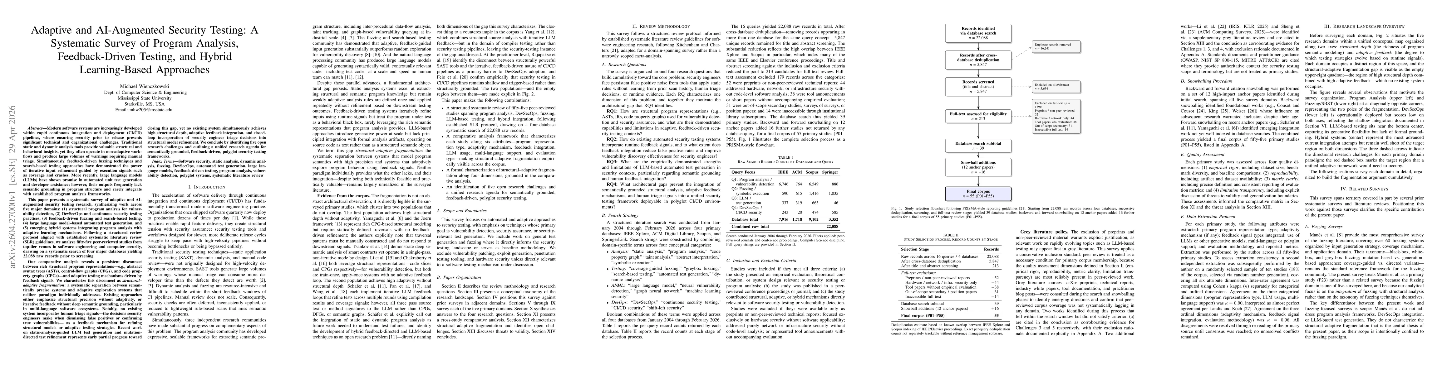 Thumbnail for Adaptive and AI-Augmented Security Testing: A Systematic Survey of Program Analysis, Feedback-Driven Testing, and Hybrid Learning-Based Approaches