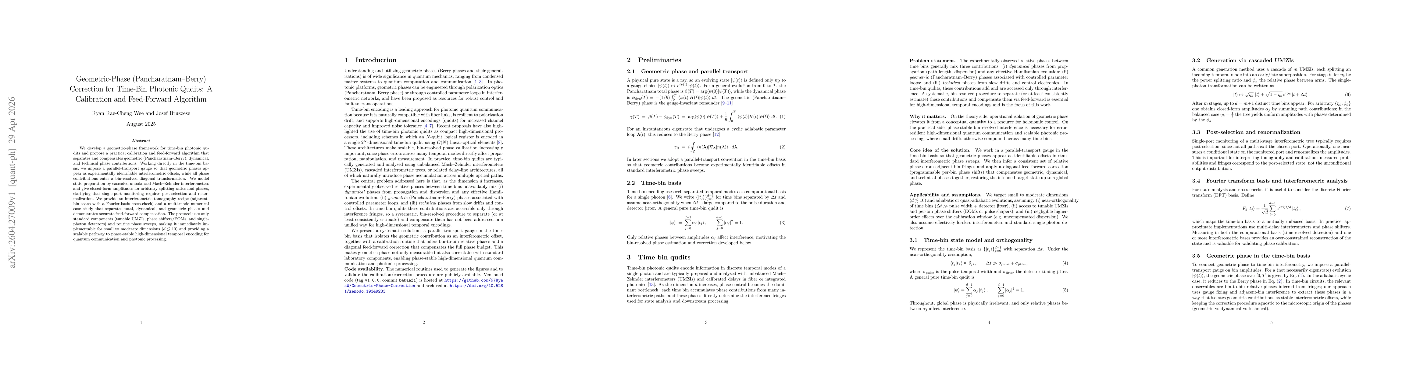 Thumbnail for Geometric-Phase (Pancharatnam-Berry) Correction for Time-Bin Photonic Qudits: A Calibration and Feed-Forward Algorithm