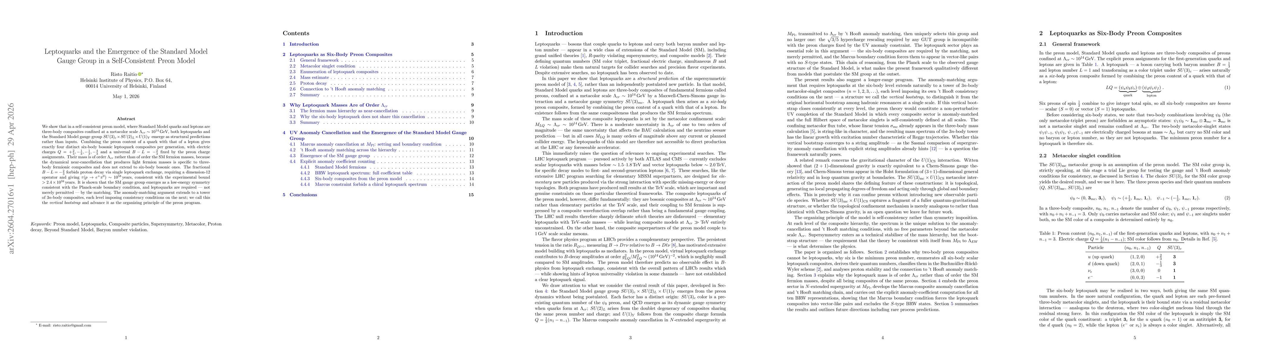 Thumbnail for Leptoquarks and the Emergence of the Standard Model Gauge Group in a Self-Consistent Preon Model