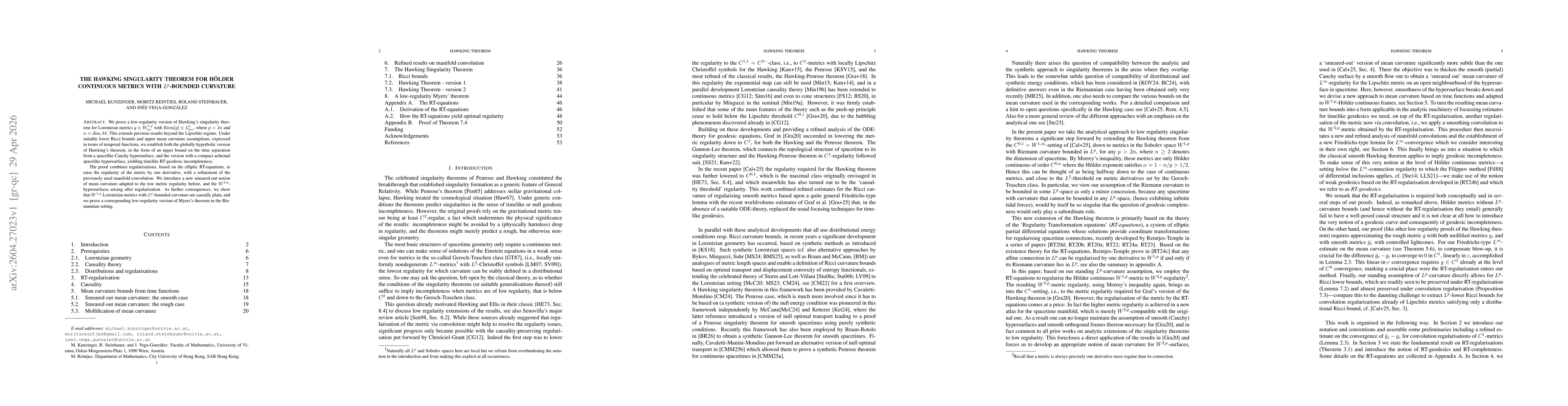 Thumbnail for The Hawking Singularity Theorem for Hölder Continuous Metrics with $L^p$-Bounded Curvature