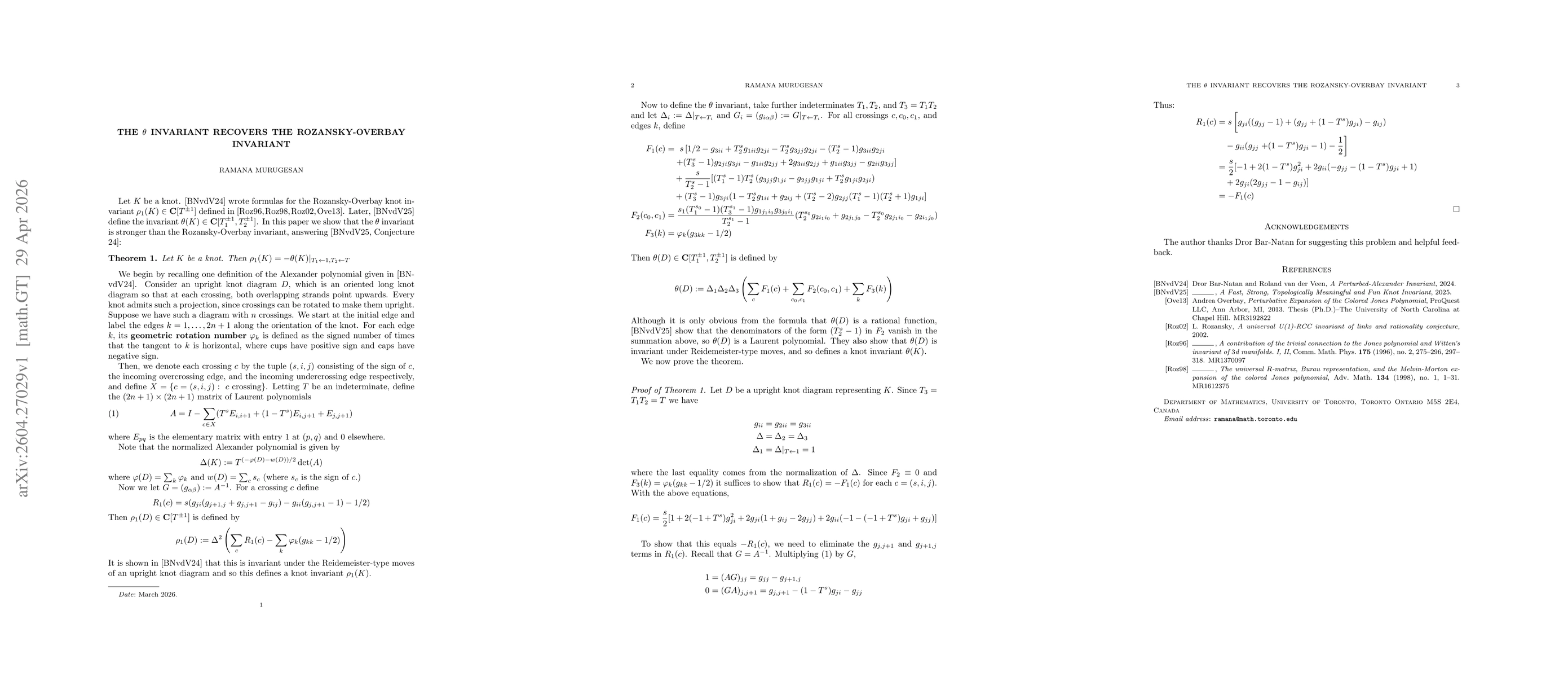 Thumbnail for The $θ$ invariant recovers the Rozansky-Overbay invariant