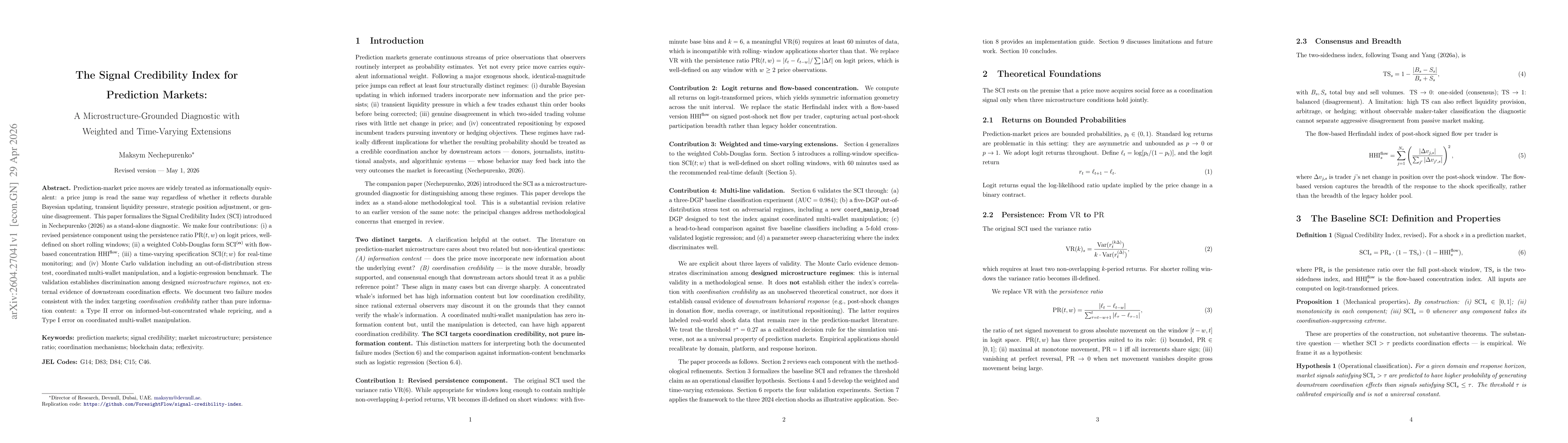 Thumbnail for The Signal Credibility Index for Prediction Markets: A Microstructure-Grounded Diagnostic with Weighted and Time-Varying Extensions