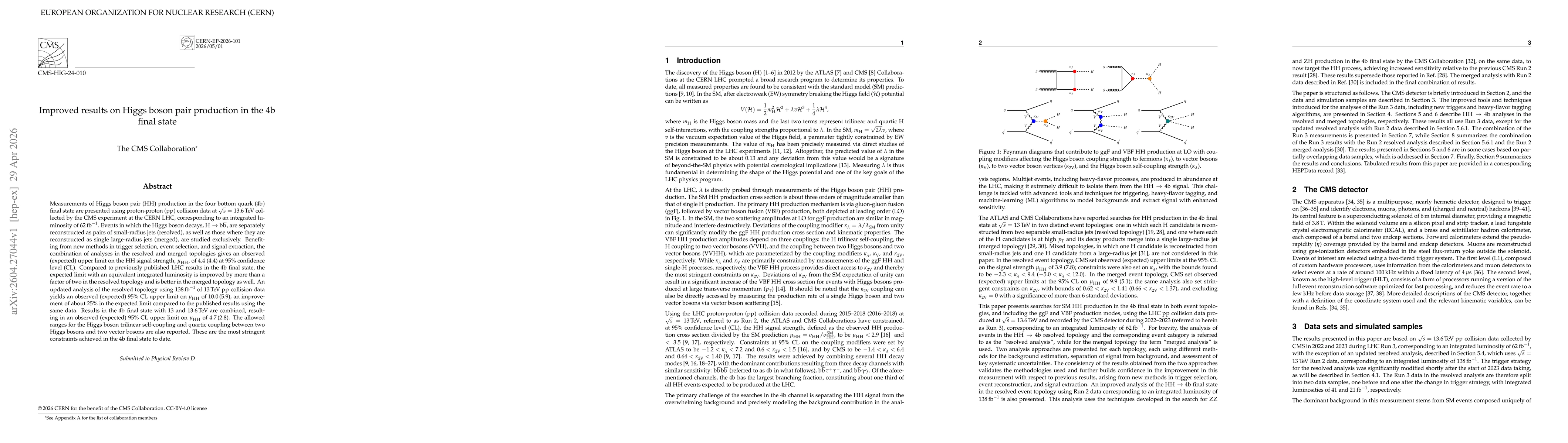 Thumbnail for Improved results on Higgs boson pair production in the 4b final state