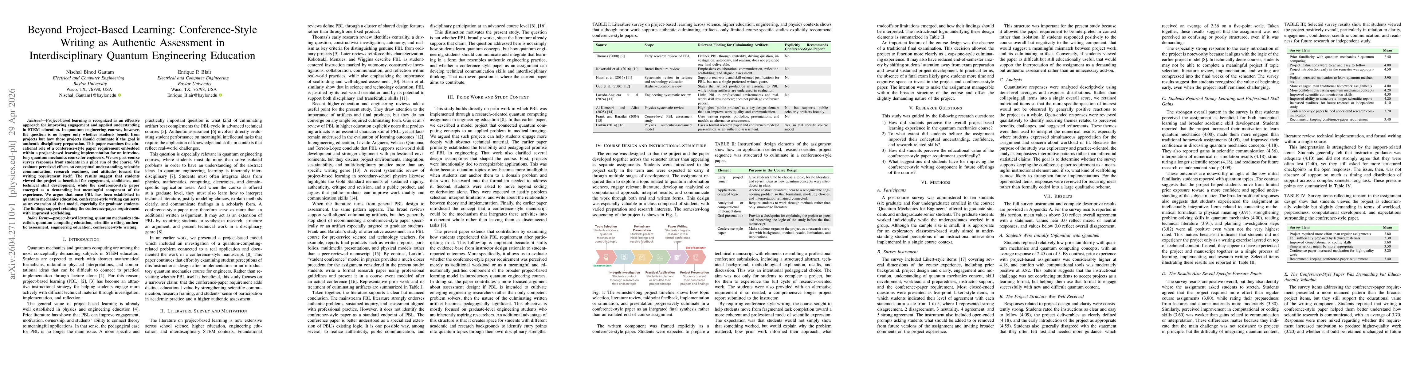 Thumbnail for Beyond Project-Based Learning: Conference-Style Writing as Authentic Assessment in Interdisciplinary Quantum Engineering Education
