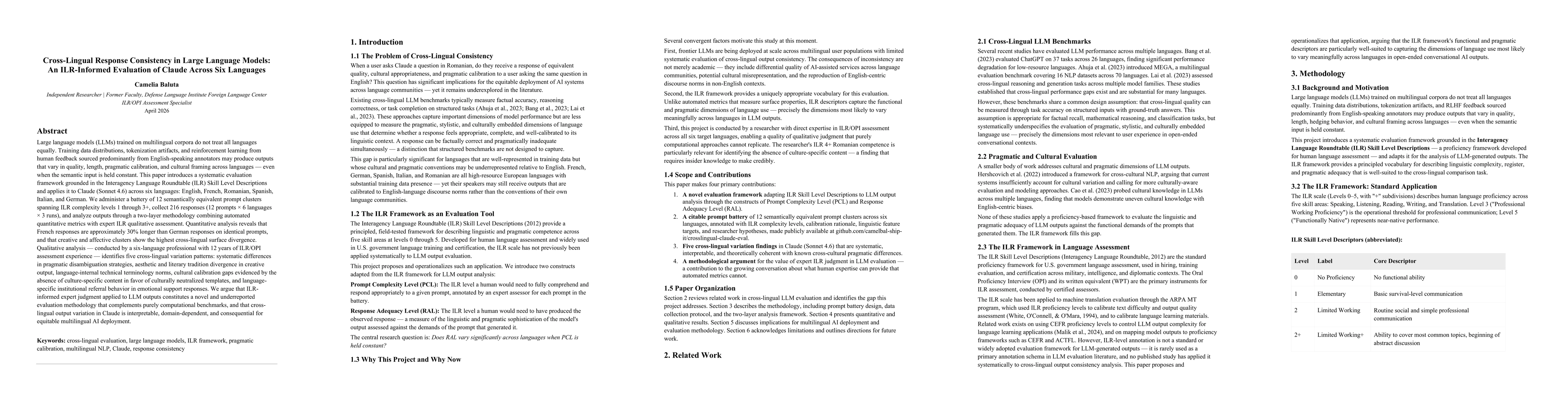 Thumbnail for Cross-Lingual Response Consistency in Large Language Models: An ILR-Informed Evaluation of Claude Across Six Languages