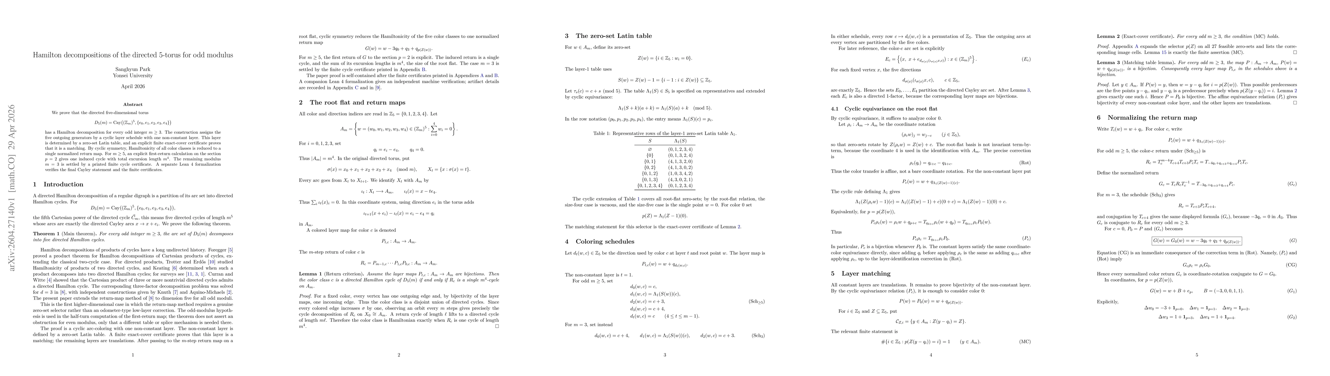 Thumbnail for Hamilton decompositions of the directed 5-torus for odd modulus