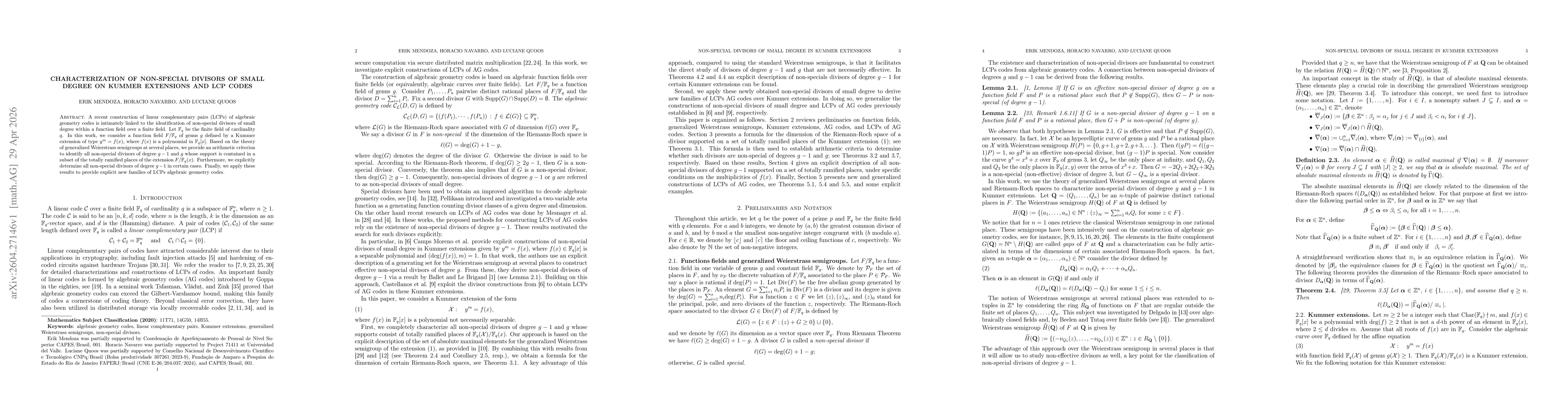 Thumbnail for Characterization of non-special divisors of small degree on Kummer extensions and LCP codes