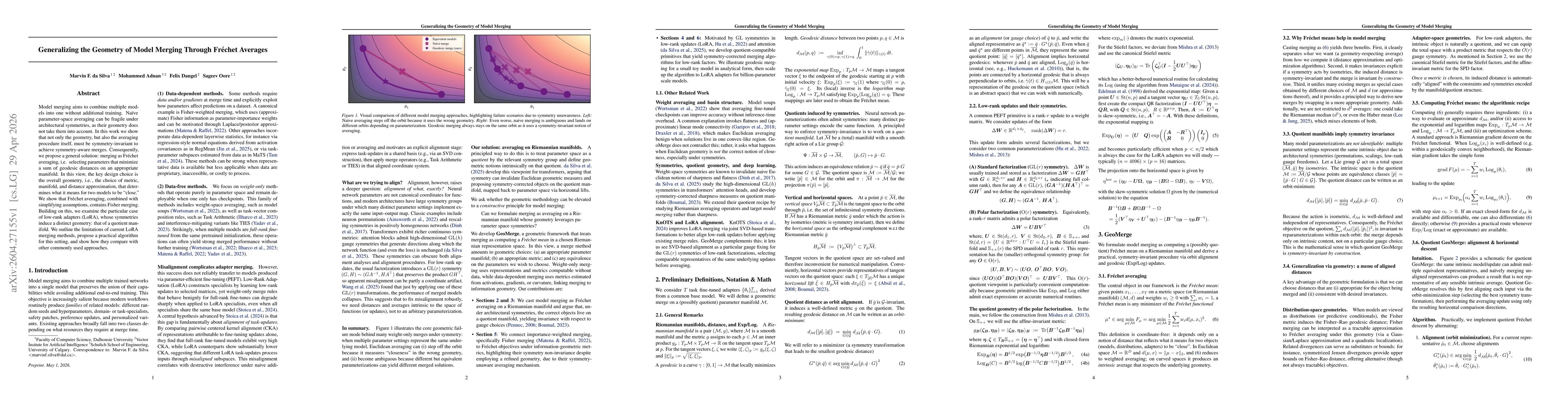 Thumbnail for Generalizing the Geometry of Model Merging Through Frechet Averages