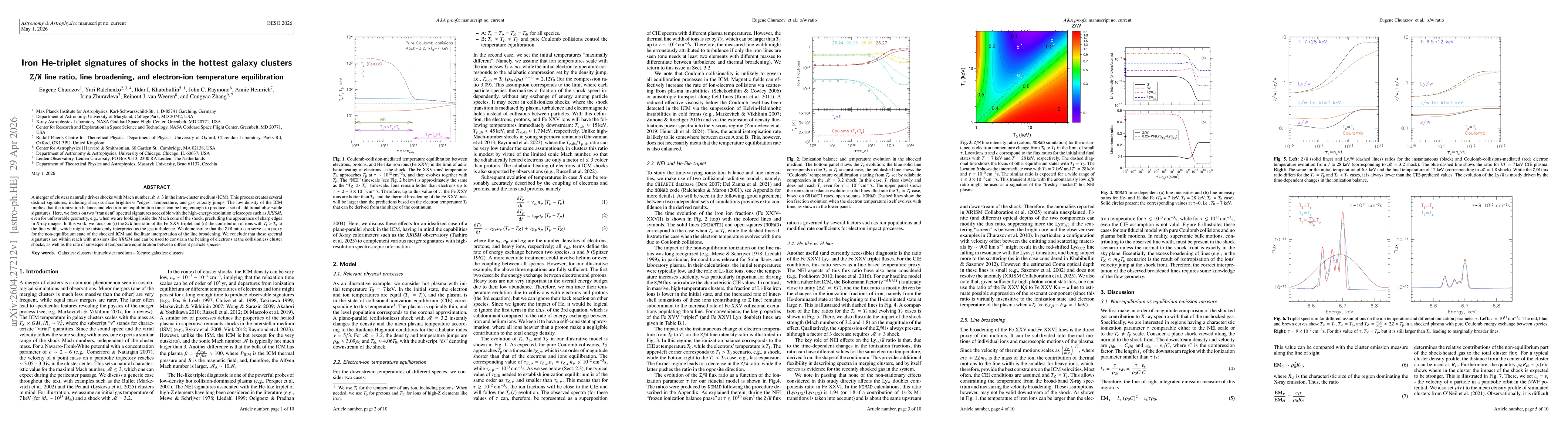 Thumbnail for Iron He-triplet signatures of shocks in the hottest galaxy clusters. Z/W line ratio, line broadening, and electron-ion temperature equilibration