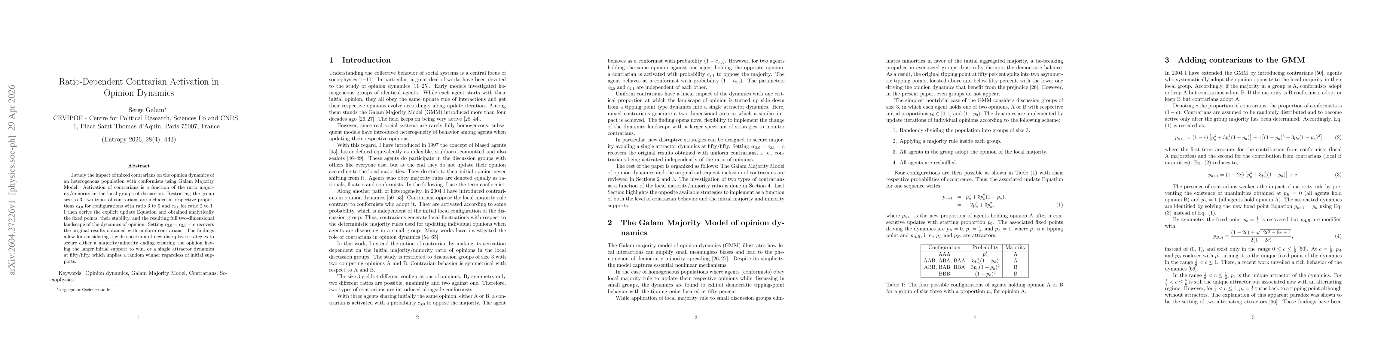 Thumbnail for Ratio-Dependent Contrarian Activation in Opinion Dynamics
