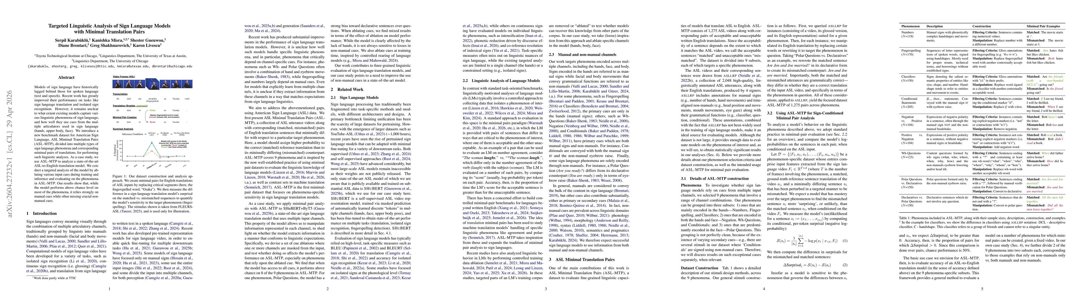 Thumbnail for Targeted Linguistic Analysis of Sign Language Models with Minimal Translation Pairs