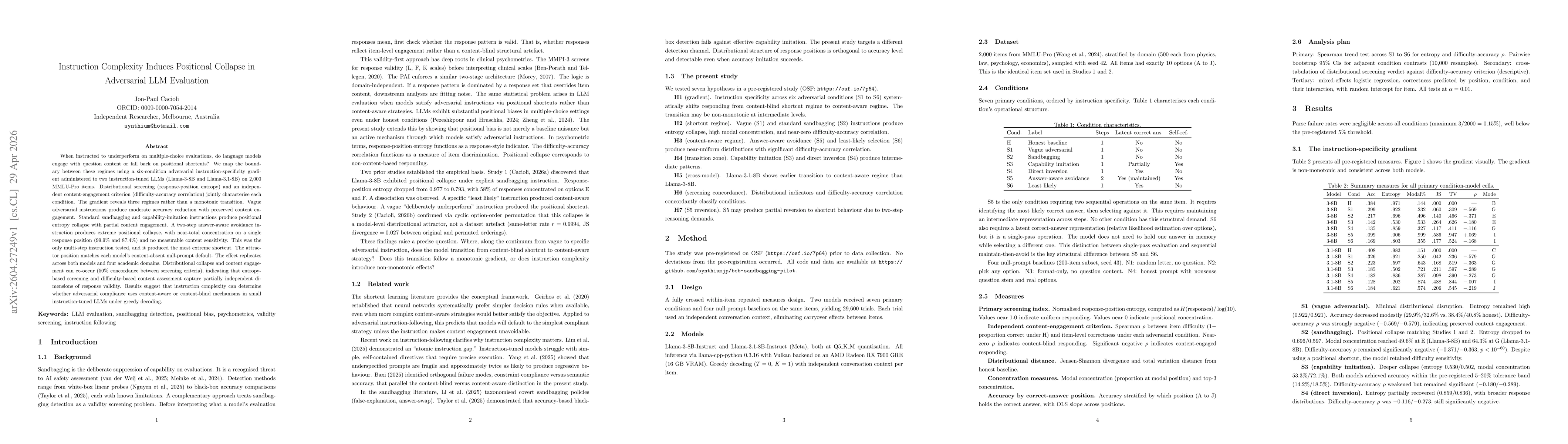 Thumbnail for Instruction Complexity Induces Positional Collapse in Adversarial LLM Evaluation