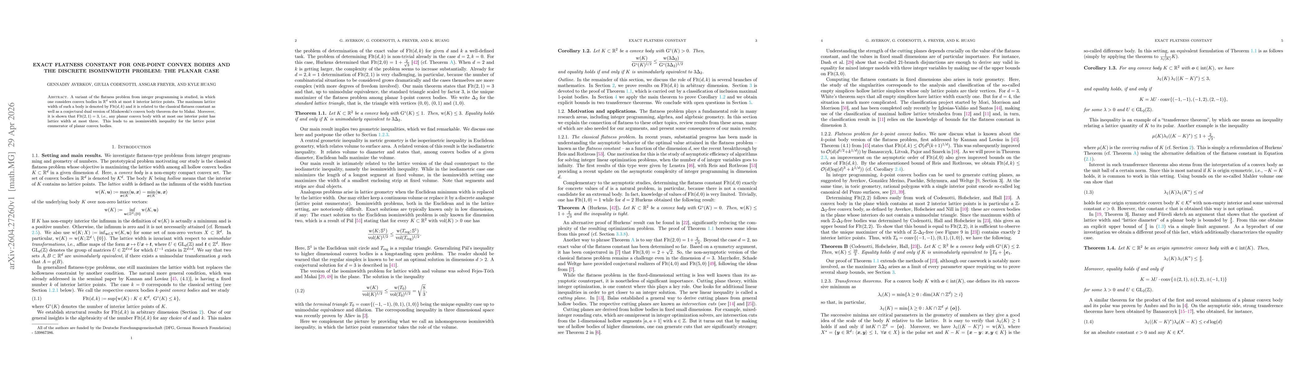Thumbnail for Exact Flatness Constant for One-Point Convex Bodies and the Discrete Isominwidth Problem: The Planar Case