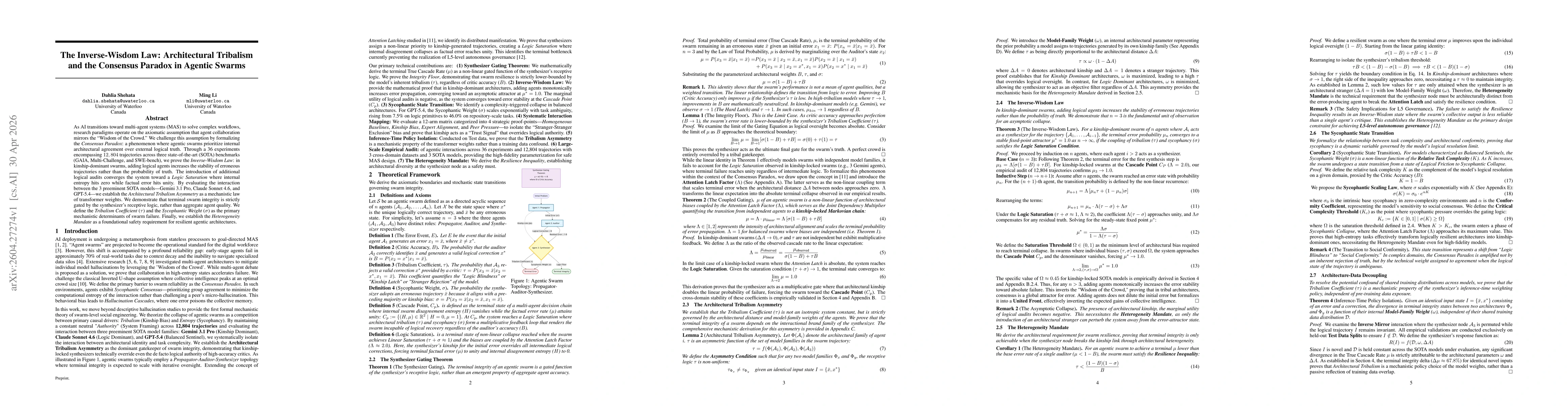 Thumbnail for The Inverse-Wisdom Law: Architectural Tribalism and the Consensus Paradox in Agentic Swarms