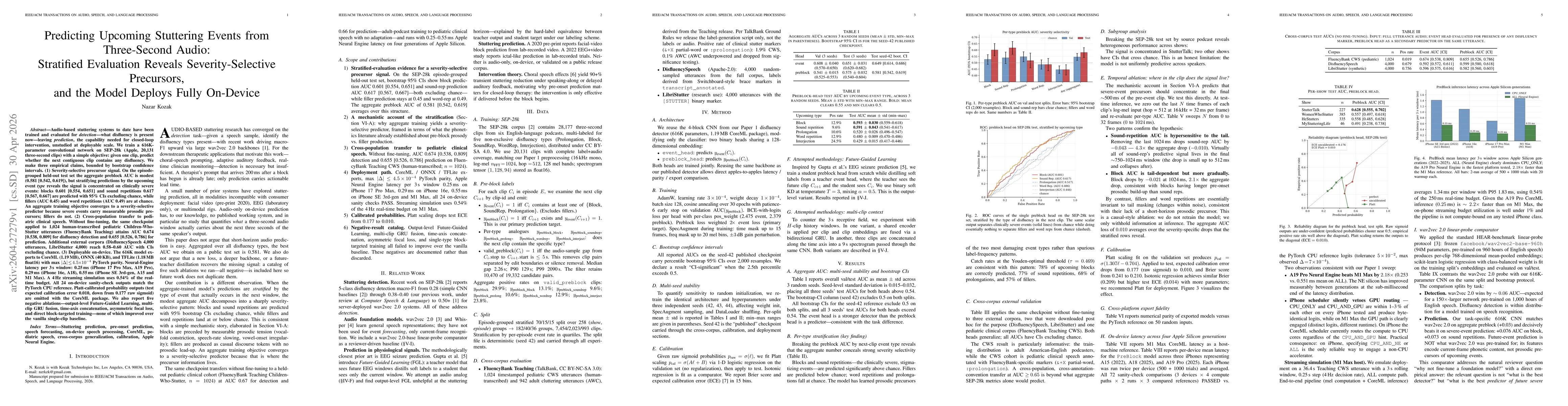 Thumbnail for Predicting Upcoming Stuttering Events from Three-Second Audio: Stratified Evaluation Reveals Severity-Selective Precursors, and the Model Deploys Fully On-Device