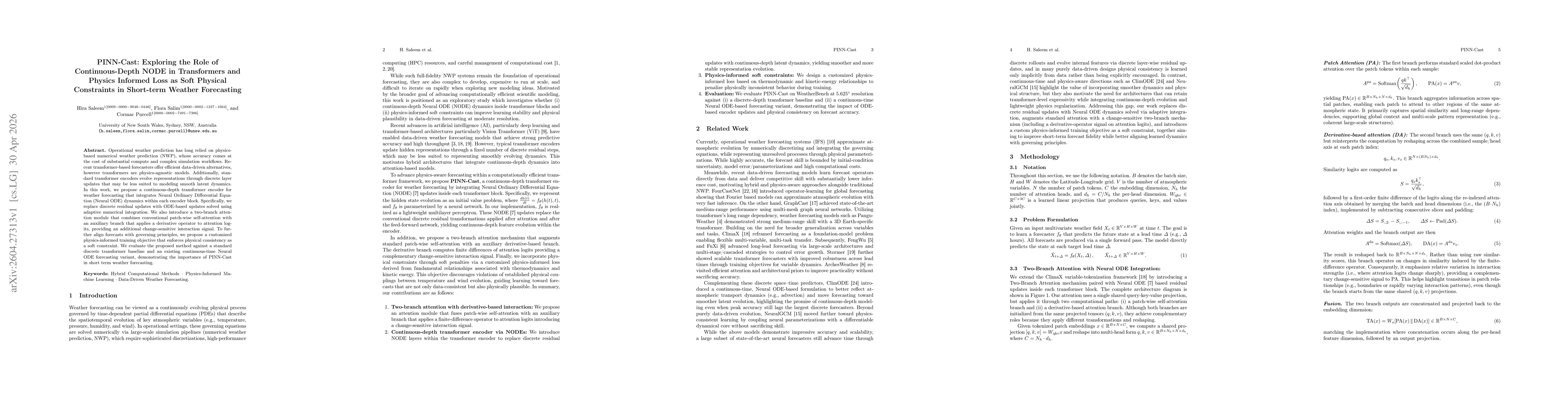 Thumbnail for PINN-Cast: Exploring the Role of Continuous-Depth NODE in Transformers and Physics Informed Loss as Soft Physical Constraints in Short-term Weather Forecasting