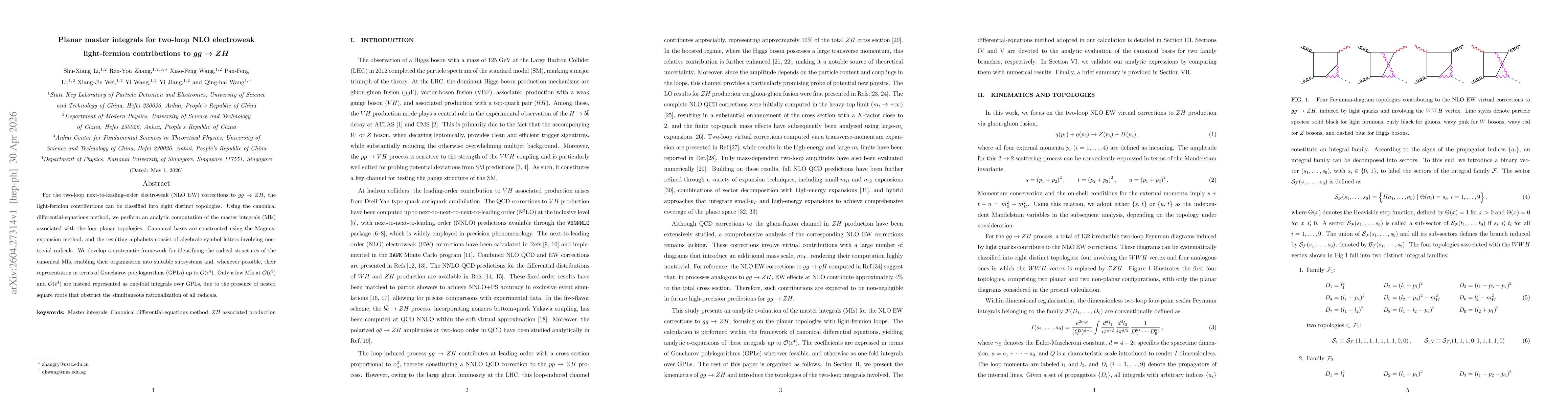 Thumbnail for Planar master integrals for two-loop NLO electroweak light-fermion contributions to $g g \rightarrow Z H$