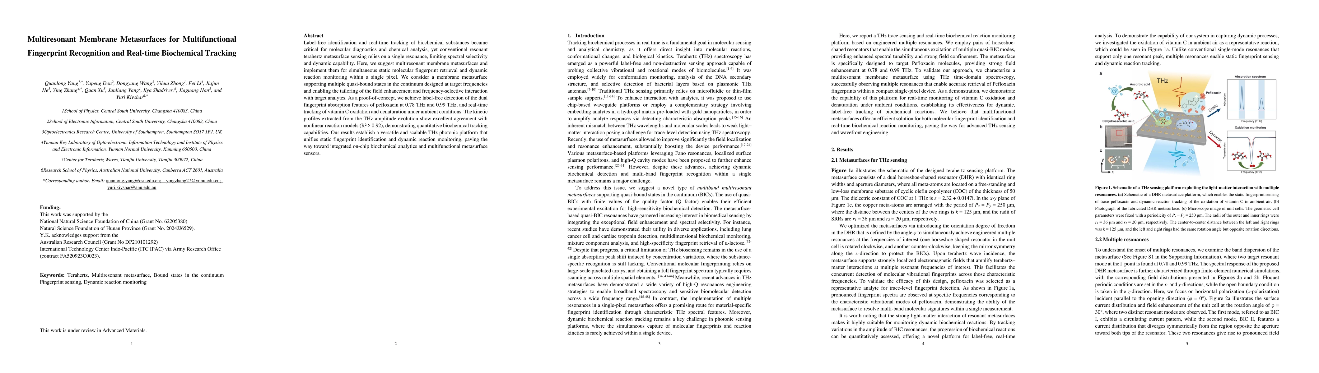 Thumbnail for Multiresonant Membrane Metasurfaces for Multifunctional Fingerprint Recognition and Real-time Biochemical Tracking