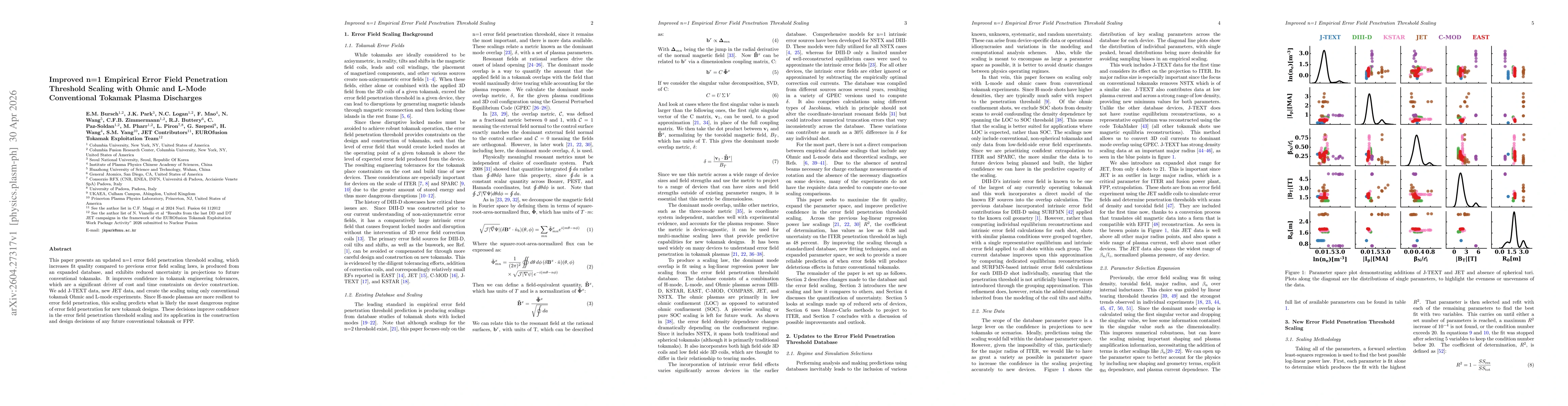 Thumbnail for Improved n=1 Empirical Error Field Penetration Threshold Scaling with Ohmic and L-Mode Conventional Tokamak Plasma Discharges