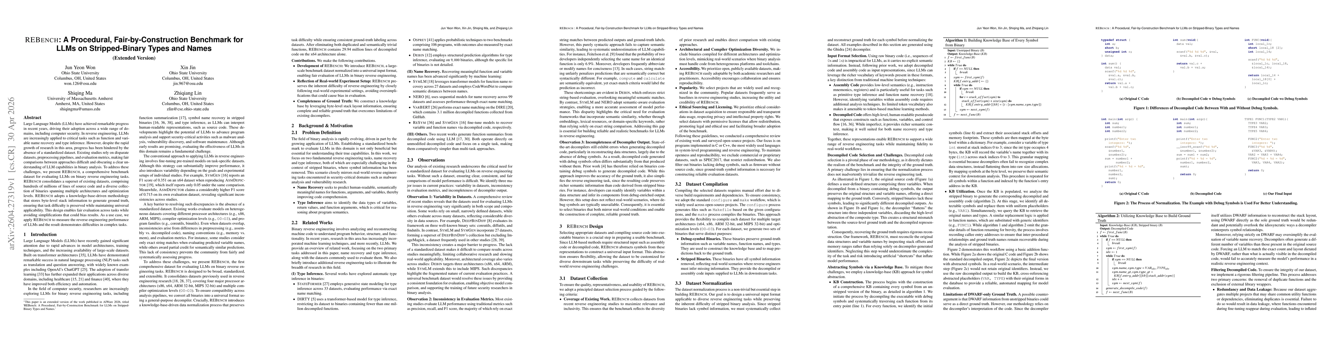 Thumbnail for REBENCH: A Procedural, Fair-by-Construction Benchmark for LLMs on Stripped-Binary Types and Names (Extended Version)