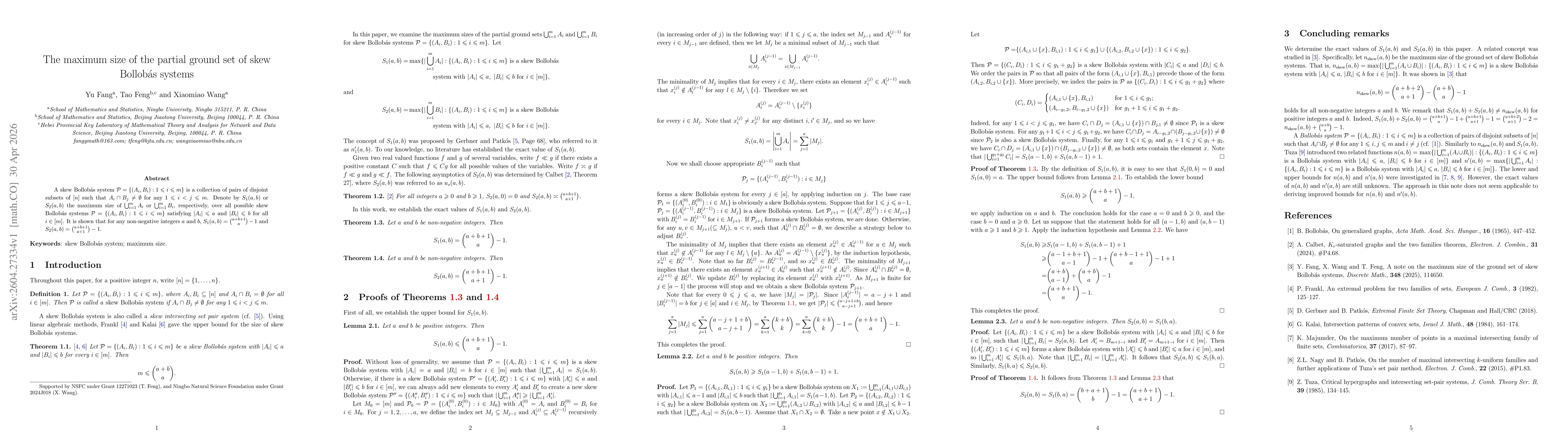 Thumbnail for The maximum size of the partial ground set of skew Bollobás systems