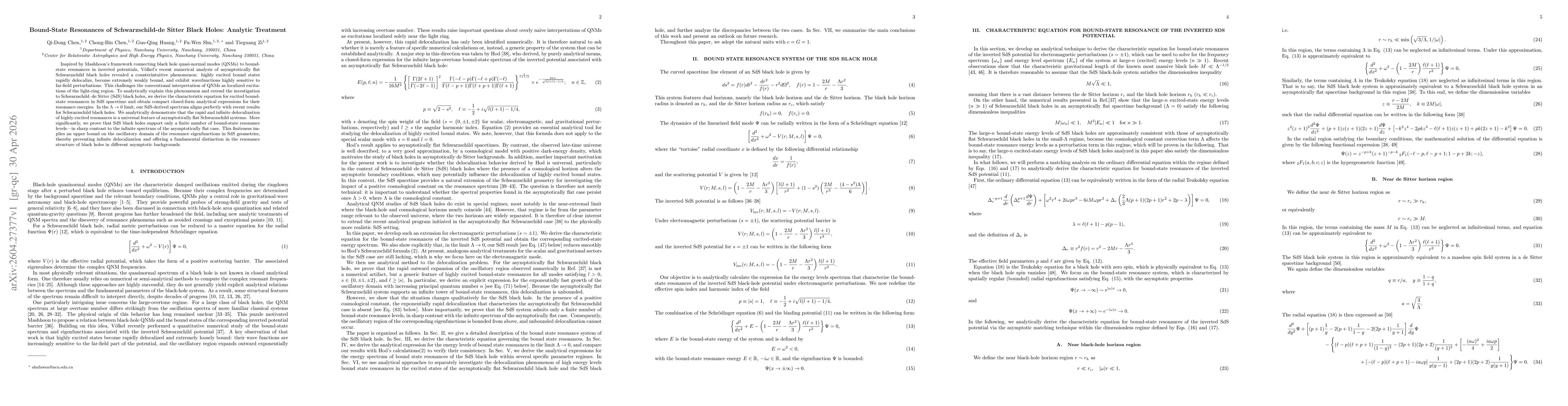 Thumbnail for Bound-State Resonances of Schwarzschild-de Sitter Black Holes: Analytic Treatment